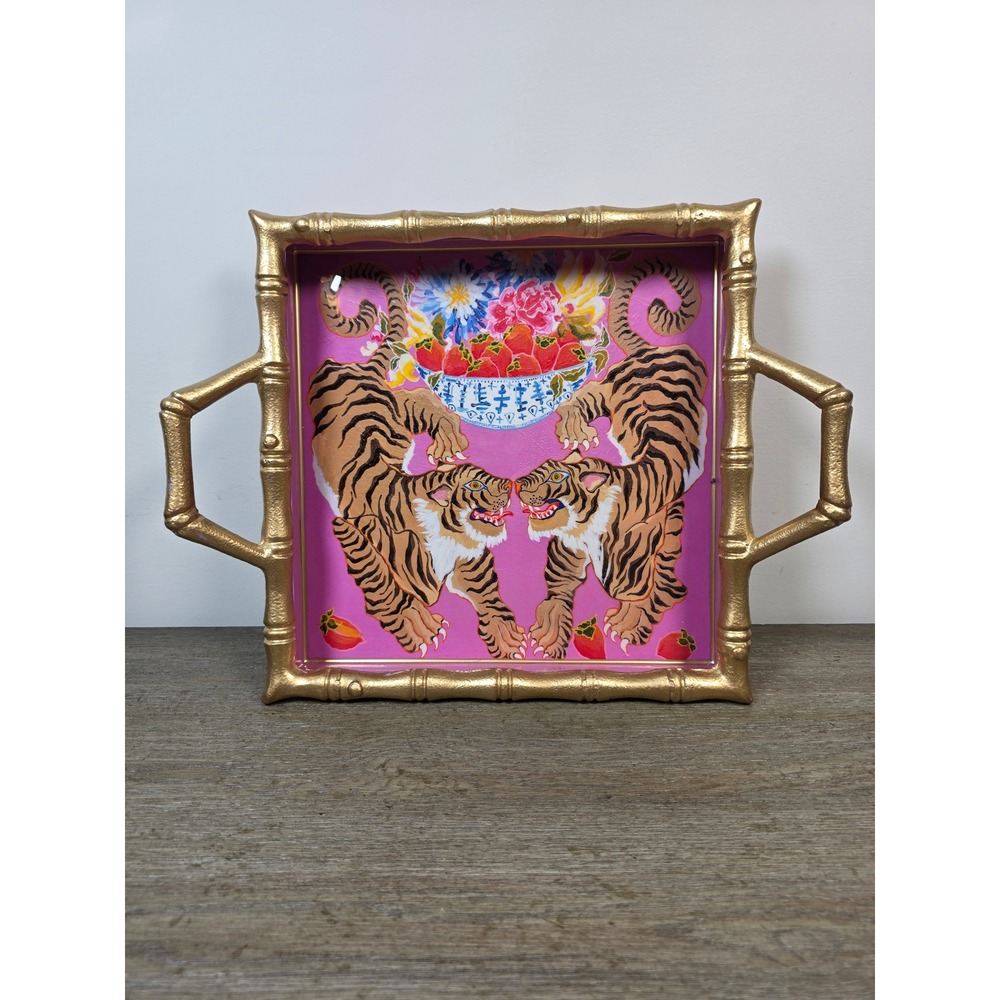 Jaye's Studio Paige Gemmel Tigers Enameled Tray Chang Mai Pink Gold Bamboo 12x12